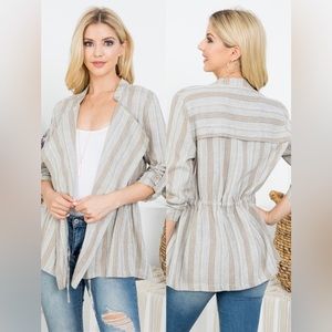 3-Pack Striped Open Front Drawstring Waist Jacket / Taupe